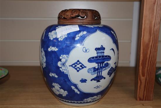 An 18th century Chinese blue and white jar and cover, the cover with inlaid jade plaque overall height 24cm